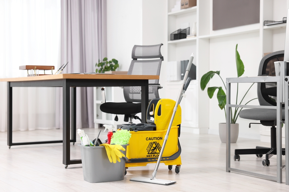 Cleaning,Service.,Mop,,Bucket,With,Supplies,And,Wet,Floor,Sign